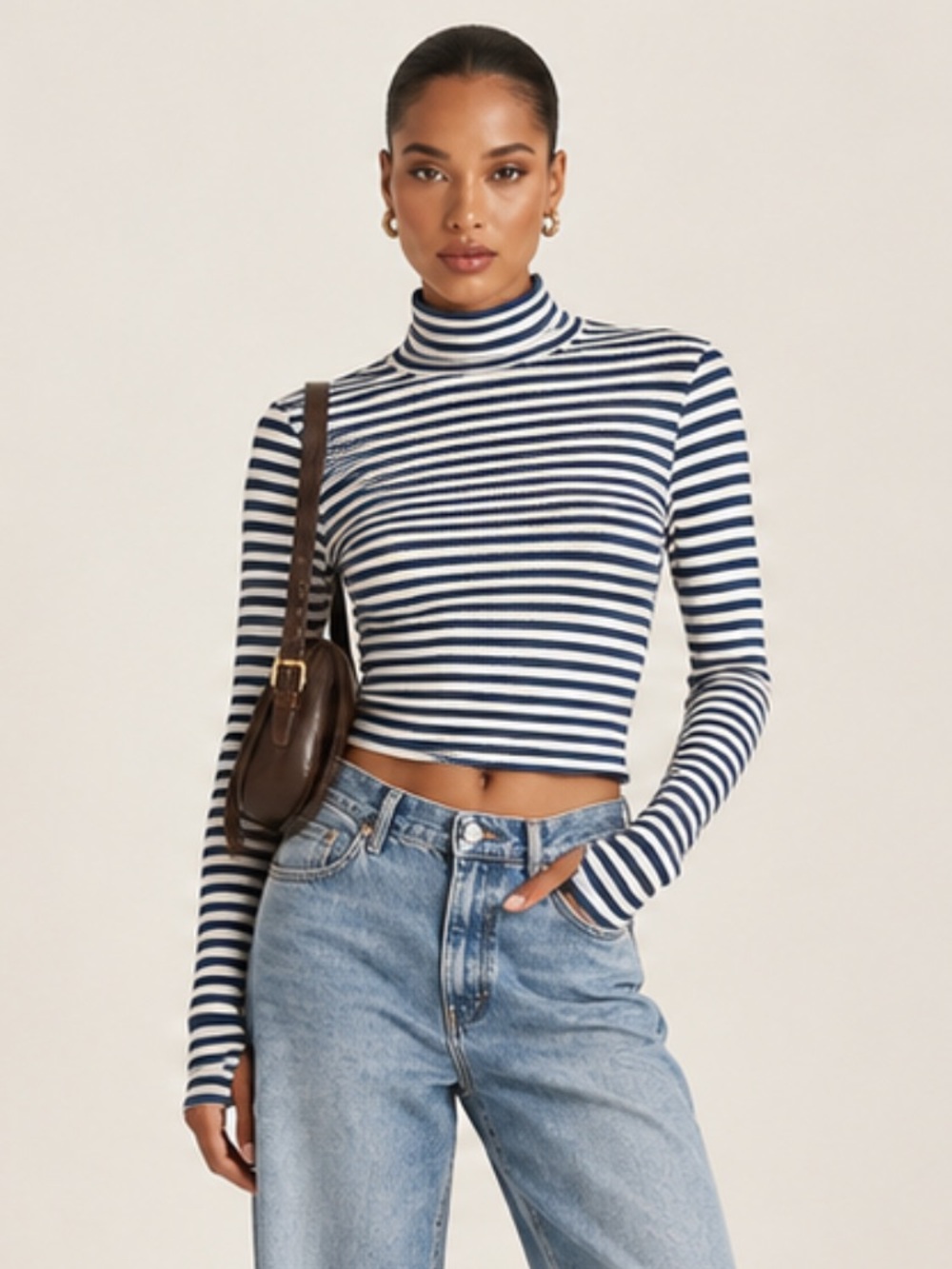 American Eagle AE Blue Stripe Waffle Mock Neck Size S
